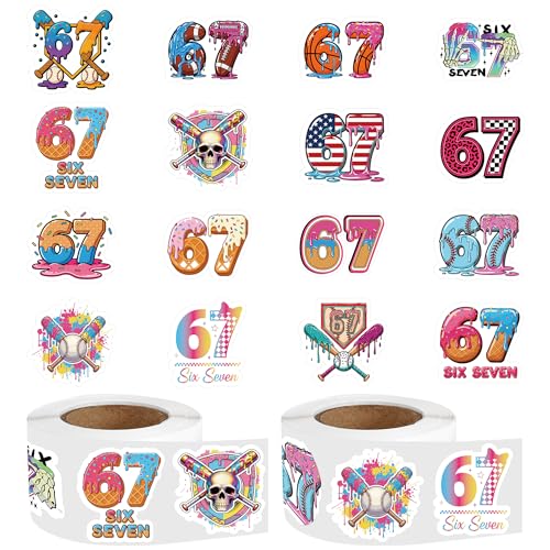 1000 Pcs Number 67 Sticker Roll Dripping Ice Cream Donut Sports Six Seven Stickers with 8 Designs Party Favor Labels for Gift Bags Envelopes Treat Bags (500 Per Roll)