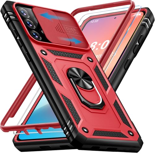 Handyhülle für Samsung Galaxy A52S 5G Hülle mit Panzerglas Schutzfolie, Galaxy A52/A52S 4G/5G Schutzhülle mit Kameraschutz 360° Drehbarer Metall Ring Ständer Stoßfest Bumper A52S 5G Case (Rot)