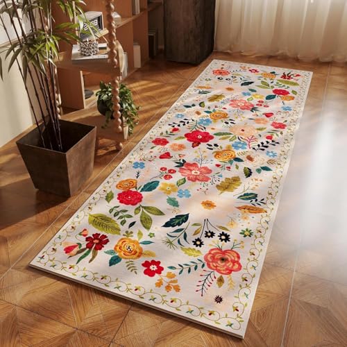 Image of Rugcomf Runner Rug for Hallways Kitchen Rug Non Slip 40 * 120 cm Washable Rugs with Rubber Backing Soft Floral Carpet Runner for Hallways, Kitchen, Laundry, Bedroom, Bathroom(Cream)