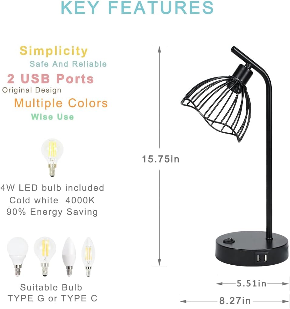 Lampwell Lucia Black USB Table Lamp with USB Port Set of 2,Modern Bedside Night Table Lamp for Living Room Bedroom,8.27×5.51×H15.75IN,Bulb Include