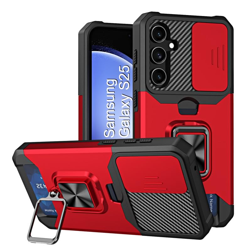 Image of LuxuryKase Shockproof Armor Case for Samsung Galaxy S25 | Slide Camera Cover | Hidden Card Slot | Rotating Ring Kickstand | Magnetic Car Mount Support | Military Grade Protection - Red