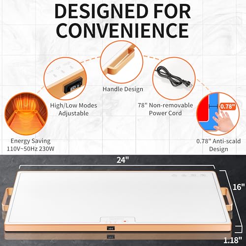 Image of Food Warming Mat (XL 24 inchx16 inch), Food Warmers for Parties Buffet and Daily Use, Full Surface Warm Evenly Electric Warming Tray with Button Temperature Control, Gold Handles Warming Mat for Food, White