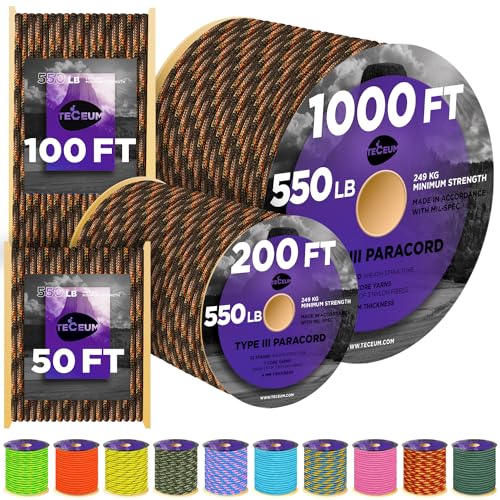 Image of TECEUM Reflective Paracord Rope 1000 - 1000ft /200ft /100ft /50ft - 40+ Colors - Glow in the Dark - para Cord - Utility Rope for Survival, Hunting & Camping Gear - Nylon String, Camping Rope, Tent Cord