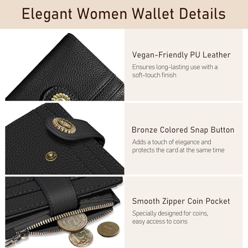 Image of Kelvoris Small Rfid Women Wallet Bifold Zipper Coin Pocket Black | PU Leather Compact Cash Credit Card Holder Travel Purse for Female Ladies Teen Girls 1 ID Window 10 Card Slots