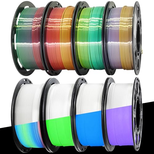 Image of MIKA3D 8 Spools Different Popular Colors 3D Printing Filament PLA Bundle, 1.75mm 4 Different Silk Rainbow PLA, 4 Different Glow in Dark PLA, Total 8 Spools Packed, 0.25kg /Spool, Total 2kg