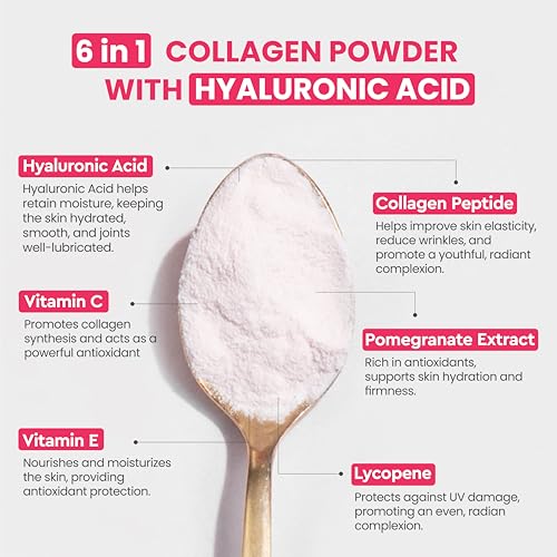 Image of YuRadian 6-In-1 Marine Collagen Powder With Hyaluronic Acid, Vitamin C & E , Lycopene And Peptide | Skin Radiance Collagen Supplement for Women & Men | Youthful Skin Glow, Elasticity & Hydration | No Added Sugar | 15 Servings (150g)