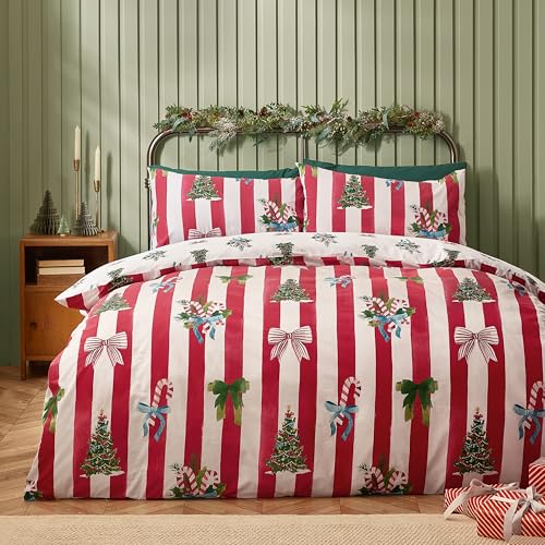 Catherine Lansfield Set copripiumino reversibile per letto super king size con federe, motivo natalizio a righe, rosso