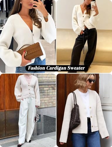Image of TZLDN Women V-Neck Cardigan Sweaters with Pockets Cropped Button Down Long Sleeve Open Front Sweater Blazer Fitted Knit Coats