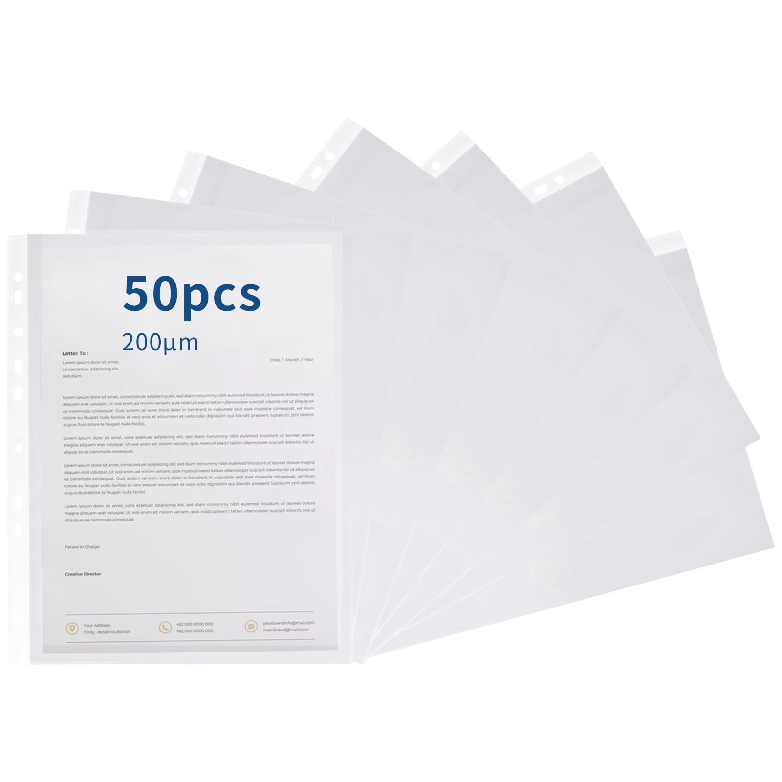 Punched Pockets A4 Heavy Duty Poly Pockets A4 Clear Plastic Wallets Top Open 11 Hole Sheet Protectors for 2/3/4 Ring Binder for Filing Folders Sleeves Documents (50 Pcs-10C(0.2mm))