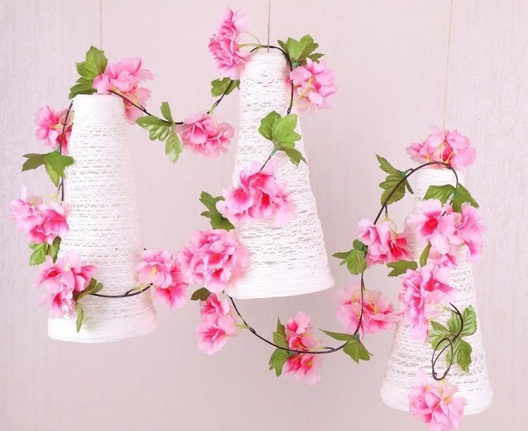Image of SATYAM KRAFT 12 Lines Artificial Cherry Blossom Rattan Flowers Vine | Hanging Garland for Wedding Decoration Items, Home Decor, Garden, Office, Wall, Mandir & Festival Setup (Dark Pink)