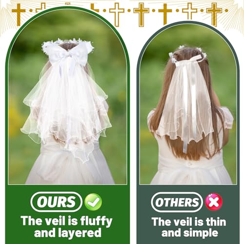 First Communion Veil and Gloves Set for Girls - Holy Catholic Veil for Girls 7-16 1st Chapel Church Communion Dress, White2