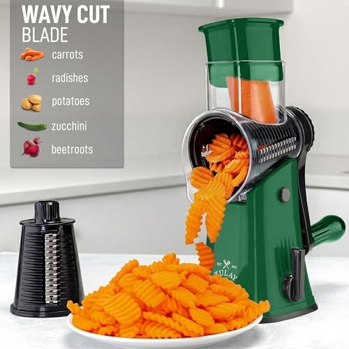 Image of Zulay Kitchen Rotary Cheese Grater 5 Blade Cheese Shredder - Manual Hand Crank Cheese Grater With Reinforced Suction & 5 Interchangeable Drums - Easy to Use, Vegetable Chopper Round Mandoline Slicer