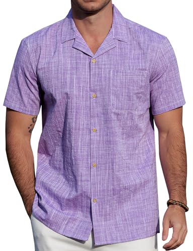 JOGAL Mens Chambray Cuban Shirts Short Sleeve Casual Button Down Shirts Cotton Hawaiian Summer Beach Shirt with Pocket Purple Large