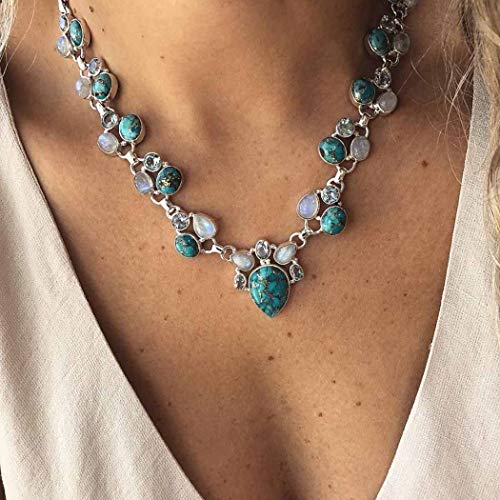 Jovono Boho Necklaces with Turquoise Short Rhinestone Chain Necklace for Women and Girls (silver)