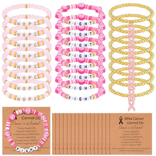 24 Pcs Breast Cancer Awareness Bracelets Bulk with Inspirational Cards Hope Fight Pink Ribbon Charm Breast Cancer Awareness Accessories Clay Beaded Stretch Bracelets Survivor Gifts for Women