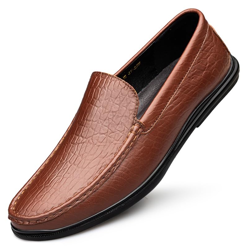 Mens Loafers Round Toe Genuine Leather Crocodile Print Loafer Shoes Comfortable Flat Heel Lightweight Outdoor Classic Slip-ons