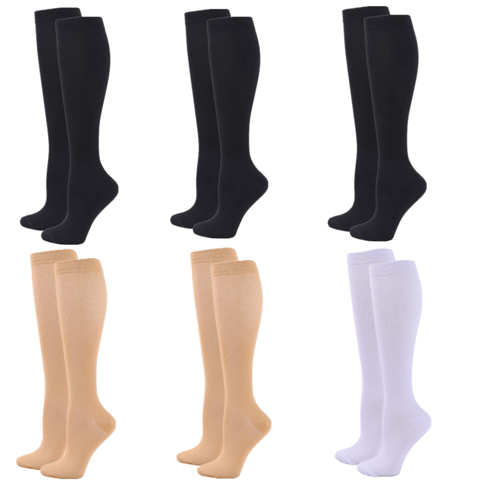 Zingso Unisex 6Pairs-3Black+2Skin+1White Compression Socks For Women Men, 6 Pairs 20-25Mmhg Flight Socks Compression Stockings For Sport, Athletic, Edema, Diabetic, Varicose Veins, Travel, Pregnancy, Nursing (Xxl, 3Black+2Skin+1White)