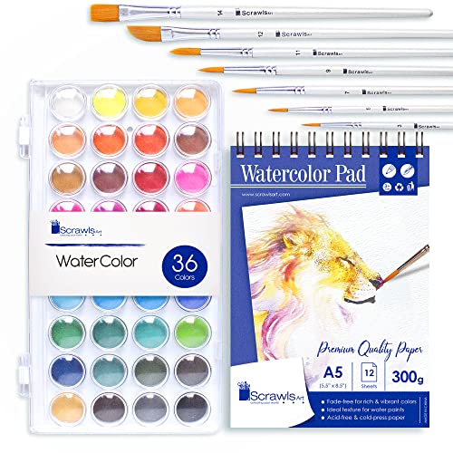 Watercolor Cake Set, 36 Watercolor Paint Set, 7 Paint Brushes and 12 Sheets Watercolor Pad. This Watercolors Set are Great for Children/Kids and Beginner Artists. The Perfect Art Set
