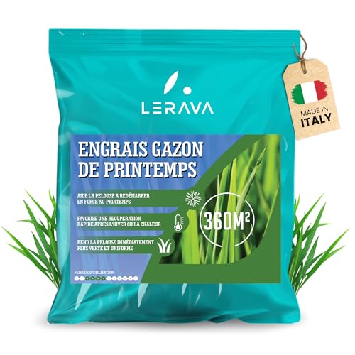 LERAVA Engrais gazon printemps (360m²) - Engrais pelouse libération d’azote 3 mois - Fertilisant gazon avec Bacillus subtilis - Stimule la croissance et renforce la résistance des graminées - 9kg