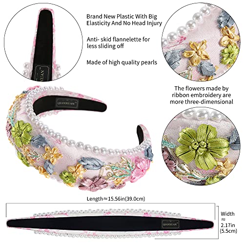 Qianxuan Solid Color Wide Headbands For Women Diamond Rhinestone Headbands For Women Top Knot Headband Crystal Handmade Pearl Girls Hair Accessories Glisten Fashion Embroidered Padded Hairband #TOP5