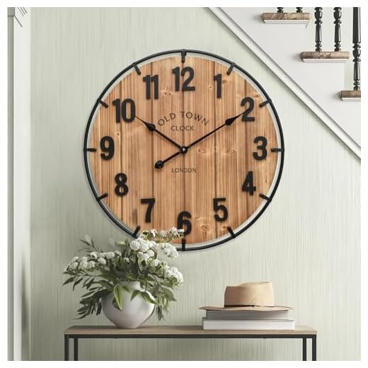 24 Inch Farmhouse Wall Clock Large Old Town Vintage Rustic Wooden Clock with Metal Rim and Large Numerals, Silent Battery-Operated for Office, Kitchen, Bedroom, and Living Room
