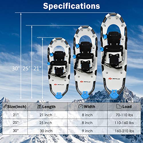 Goplus 21"/25"/30" Snowshoes For Men And Women, Lightweight Aluminum Alloy All Terrain Snow Shoes With Adjustable Ratchet Bindings With Carrying Tote Bag (White, 21") #TOP4
