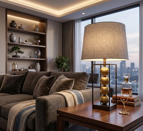Image of Luxury Modern Table Lamp with Gold Spherical Accents - Contemporary Metal Frame Bedside Light for Living Room, Bedroom & Office - Textured Fabric Drum Shade (Antique Gold & Charcoal)
