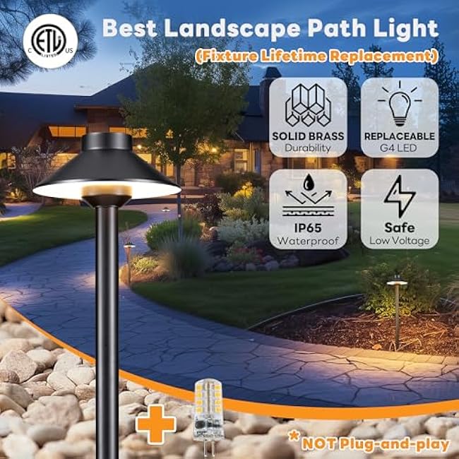 Outdoor Brass Pathway Lights - 12v Low Voltage Landscape Path Lighting Wired, LED Pathlight IP65 Waterproof, Hat-top Black for Outside Walkway Yard with 3W 270LM 2700K Warm White G4 Bulb