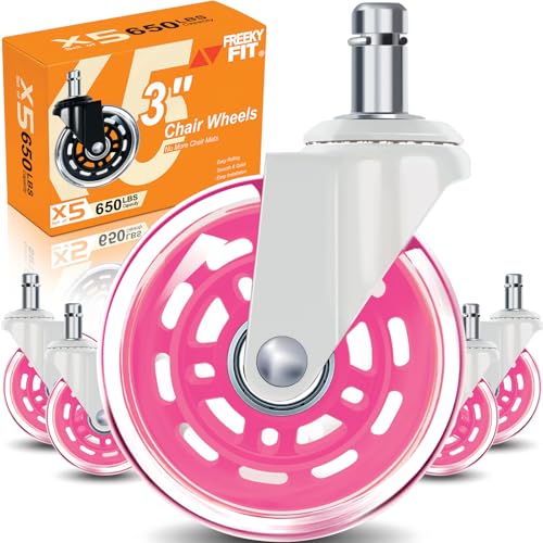 Image of Office Chair Wheels for Casters Replacement - 3 inch Rubber Wheels for Computer Gaming Desk Caster Smooth & Safe Rolling for All Floors Including Hardwood and Carpet - Set of 5 - Pink
