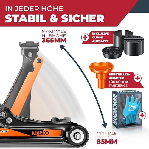 MASKO® Wagenheber hydraulisch 2,5T Flache Hubhöhe 85-365mm 3X Gummiauflage KFZ Rangierwagenheber...