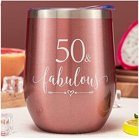 Crisky Rose Gold 50 & Fabulous Wine Tumbler for Women 50th Birthday Gifts for Women, Wife, Mom, Sister, Aunt, Friends, Coworker Her, Vacuum Insulated Coffee Cup,12oz with Box, Lid, Straw Cover