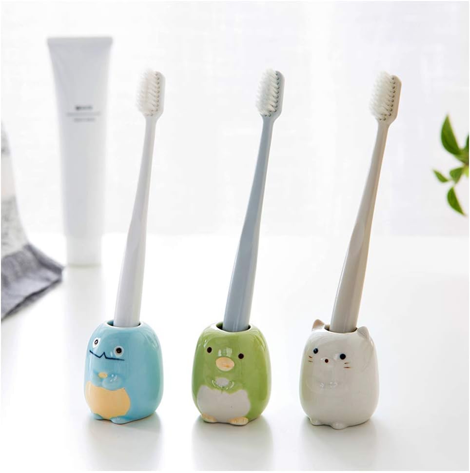 Animal Mini Ceramic Toothbrush Holder Stand for Bathroom Vanity Countertops, 4 Pack(Cat, Bear, Dinosaur, Penguin) image 2