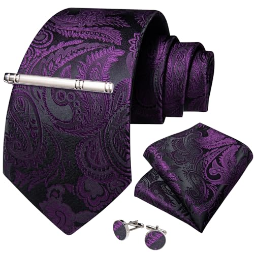 Image of DiBanGu Silk Floral Ties for Men Woven Paisley Necktie and Tie Clip Handkerchief Cufflinks Set for Party Wedding