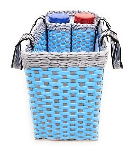 Image of Paperus, Sky Blue & Grey, Large, Lunch Bag with 2 Water Bottle Holders, Picnic Basket, Travel Bag, Eco-Friendly, Handmade, of Paper Ropes, Length 14 inch, Height 11 inch & 7 Inch Broad Base