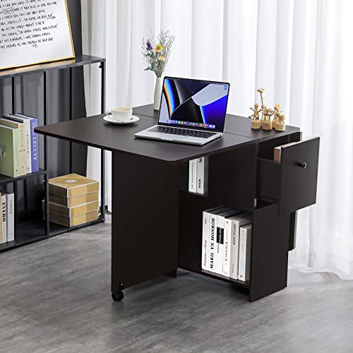 Vanspace Folding Dining Table With 2 Drawers Drop Leaf Dining Table Space Saving Kitchen Table With 6 Wheels And 2-Layer Storage Racks For Kitchen Dining Room Bedroom Restaurant - Black Walnut #TOP5