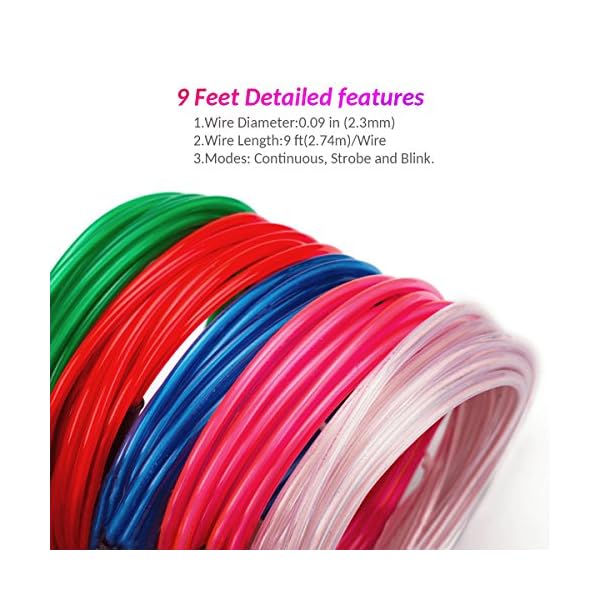 Ait el wire kit 9ft, portable neon lights for parties, halloween, diy decoration (5 pack, each of 9ft, red, green, pink, blue, white) - image 3