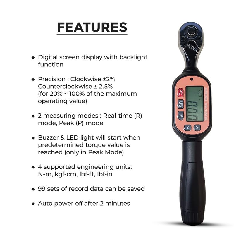 KUSAM-MECO KM-NGM-30 Mini Digital Torque Wrench (0.9-30 N.m) | ±2% Precision | LED & Buzzer Alert | 1/4" Drive | Digital Torque Tool for Automotive, Bike & Machinery Maintenance 4