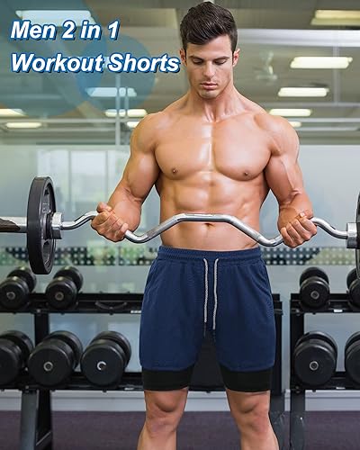 Sureio 6 Pcs Men's 2 in 1 Workout Running Shorts 5" Athletic Gym Shorts with Liner Quick Dry Shorts with Pockets Towel Loop4