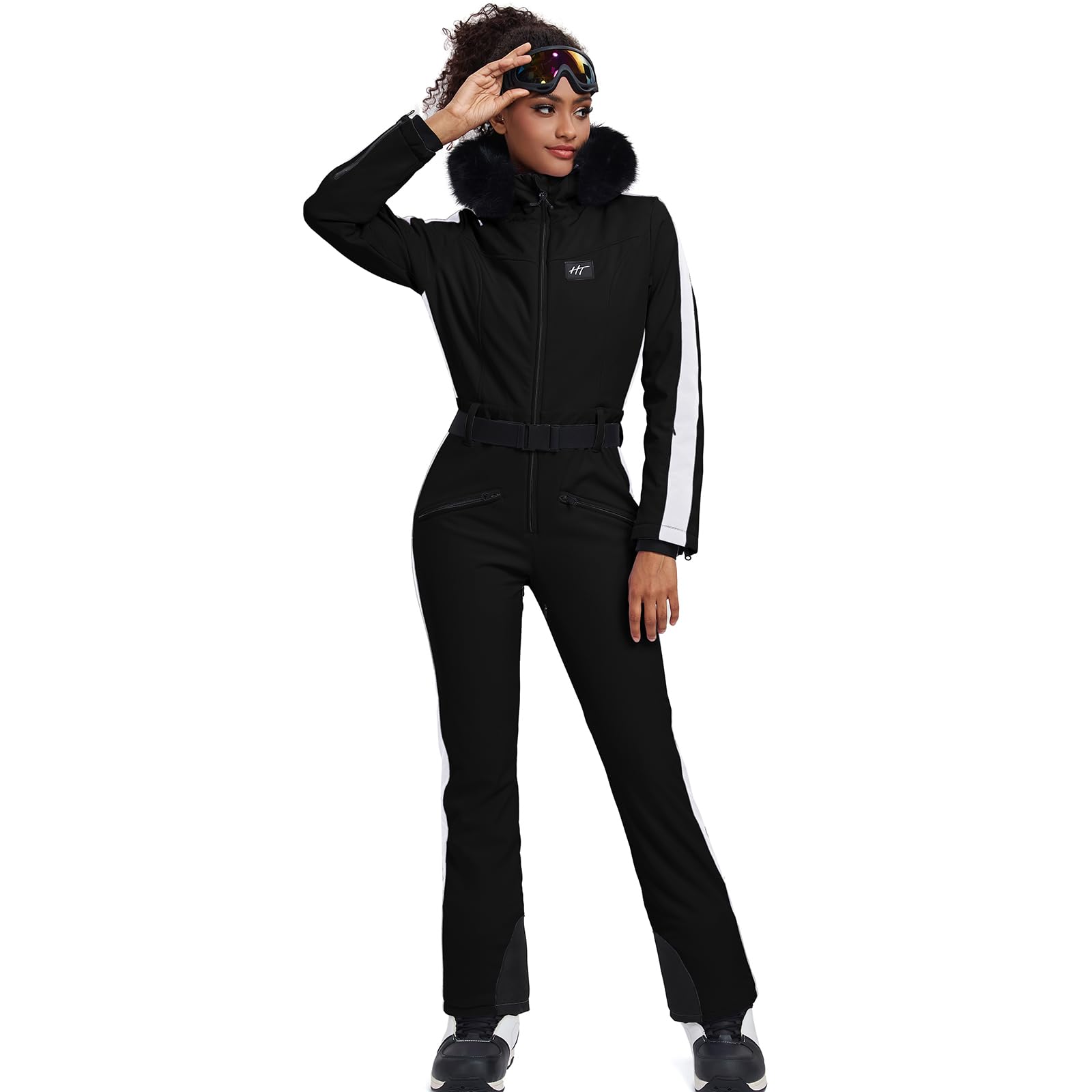 HOTIAN Combinaison de ski pour femme - Une pièce - Combinaison de ski - Hiver - Chaude - Imperméable - Coupe-vent - Combinaison de neige - Avec capuche