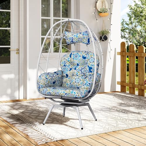FURNAWAY Rattan Swivel Egg Chair Outdoor Oversized Indoor Wicker Lounge Seat with Soft Thick Cushion 360°Rotating for Patio Balcony Garden & Backyard Relaxation (White Frame - Floral Mat)