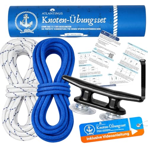 Knoten-Übungsset für den Sportbootführerschein See Binnen SBF mit Video-Anleitung - inkl. 2 x Seilen, Klampe mit Saugnäpfen, Klettgurt & Knotenanleitung auf Papier und Video - Übungstampen
