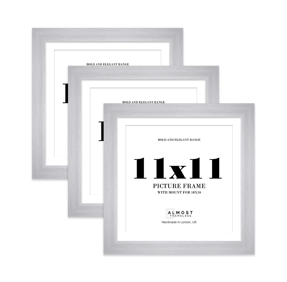 11x11" Silver Square Frame With Mount for 10x10" Pictures 28mm Edge Frame Display with Wall Hooks and Kickstand, 3 Pack