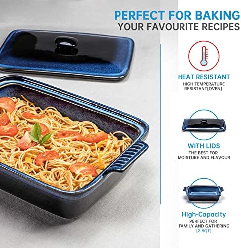 Ceramic Baking Dishes, Rectangular Casserole Dish with Lid - 2.6L, Serving Oven Dish with Handles for Lasagne, Cooking Dishes for Oven - Reactive Glaze - Blue