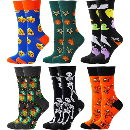 BISOOUSOX 6 pares meias mulher engraçadas de Halloween decoração tamanho 36-40 presentes de Halloween meias inovadoras de algodão coloridas meias engraçadas abóbora esqueleto assustador, 6 Pares -