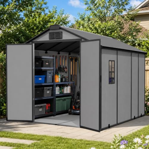 Image of 8 x 10 FT Outdoor Shed with Floor & Skylight, Large Resin Shed