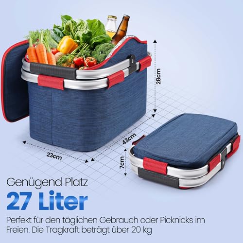 Faltbarer Einkaufskorb Kühltasche 27L - Ideal für den Wocheneinkauf mit gepolsterten Tragegriffen & Reißverschluss am Deckel, leicht klappbar & kompakt, 10kg belastbar, Faltkorb als Picknickkorb