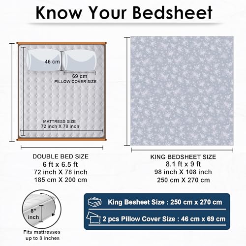 Image of Story@Home King Size Bedsheet | Air Cotton Flatsheet King Size with Two Pillow Covers| 240 TC | Super Soft Bed Sheet for King Size Bed | Floral Design (270 x 250 cm, Grey & White)