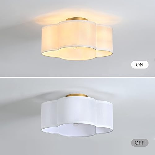 Miniatura 4 de OFLNLL Lámpara de techo semiempotrada dorada de 4 luces, tela blanca cerca de lámparas de techo, lámpara de techo de tambor de trébol para