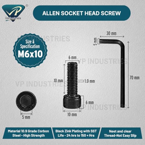 Image of By inchVP INDUSTRIES inch (Pcs-25) M6X10 mm Socket Cap Allen Head Screw Black Zinc Finish | Allen Key Head Hex Socket Bolt for Furniture Assembly, DIY & Industrial FasteningWork