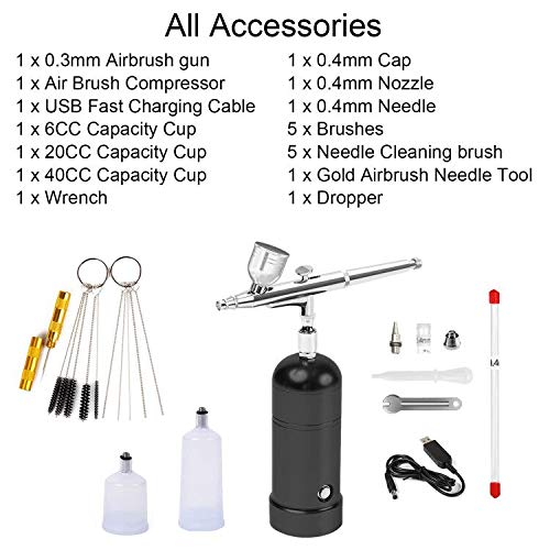 Portable Airbrush Kit with 6cc 20cc 40cc Cup,Cordless Air Brush with Rechargeable Mini Air Compressor,Replaceable 0.4mm Nozzle Needle Cap and Cleaning Brush for Makeup,Model Making,Cake Decoration